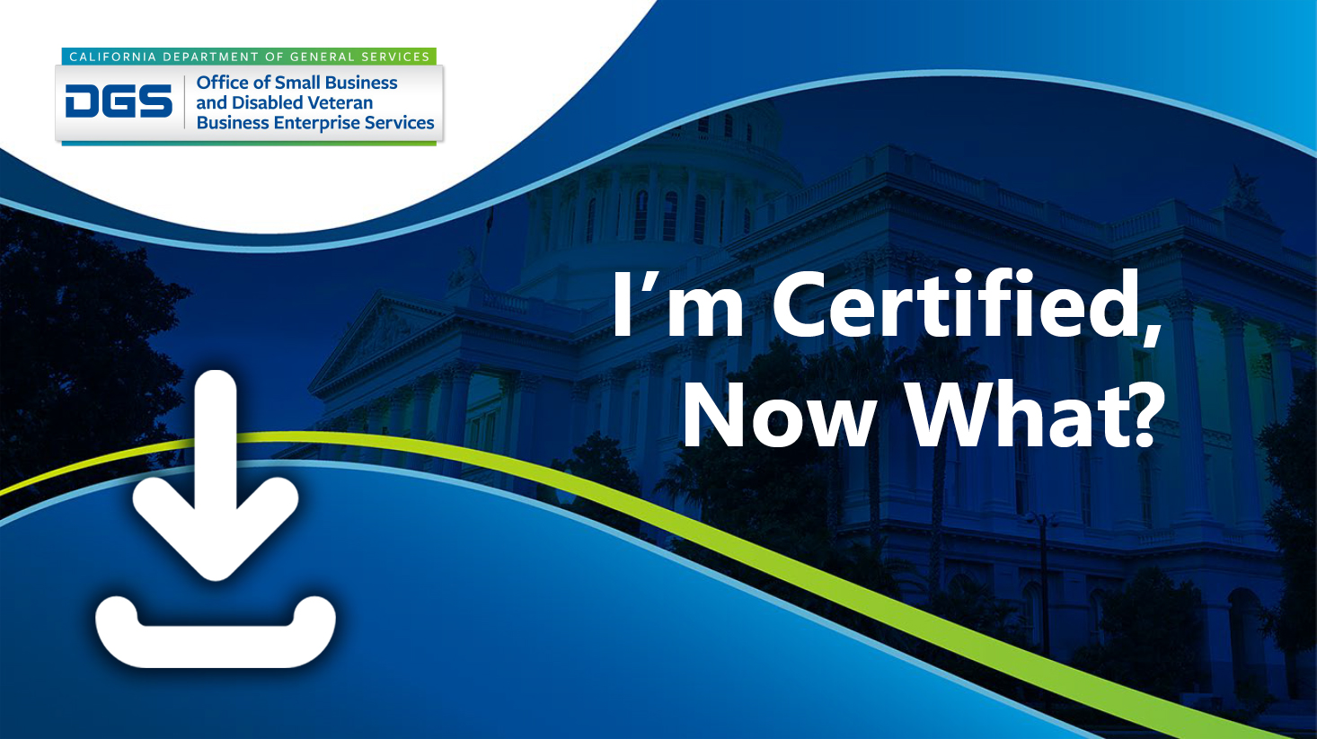 Certificate image stating "I'm Certified, Now What?" with a business background.
